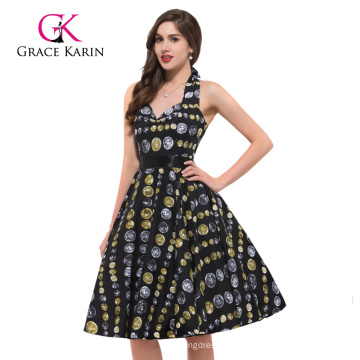 Grace Karin Mulheres por atacado Halter Cotton Print V-neck Vintage Dresses 50s CL6292-3 #